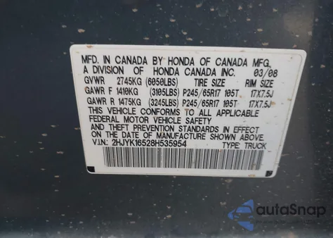 2008 Honda Ridgeline Rtl z USA, uszkodzony, nr VIN 2HJYK16528H535954